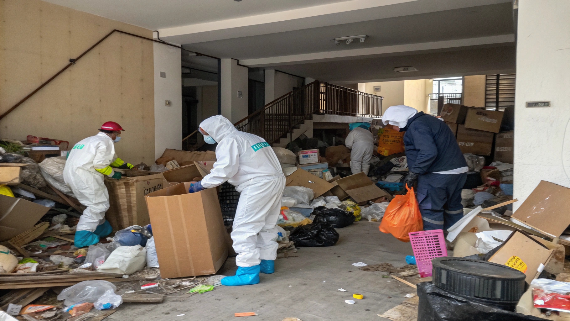 Cleanup crew wearing protective suits and masks sorting through piles of trash and debris inside a cluttered building during a hoarding cleanup operation.