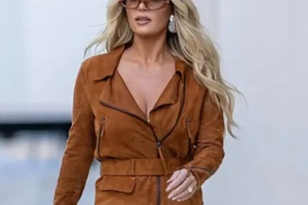 Madison LeCroy Los Angeles 2025 Cropped Belted Biker Style Brown Suede Moto Jacket